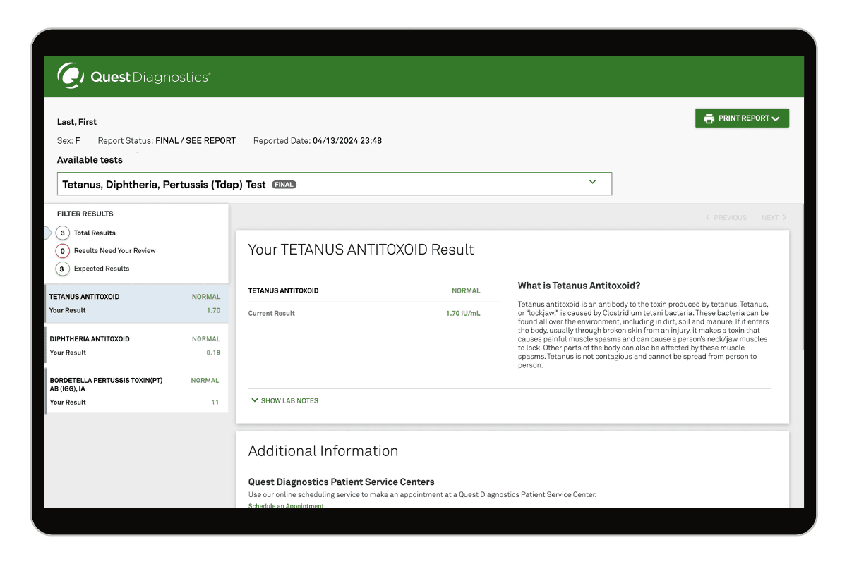 Tetanus, Diphtheria, Pertussis (Tdap) Test